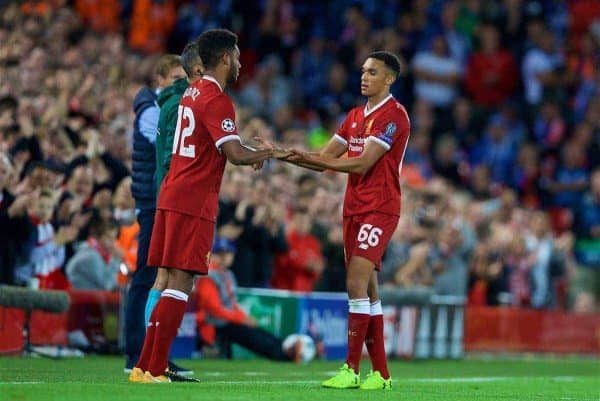 LIVERPOOL, ENGLAND - Wednesday, August 23, 2017: Liverpool's Trent Alexander-Arnold is replaced by substitute Joe Gomez during the UEFA Champions League Play-Off 2nd Leg match between Liverpool and TSG 1899 Hoffenheim at Anfield. (Pic by David Rawcliffe/Propaganda)