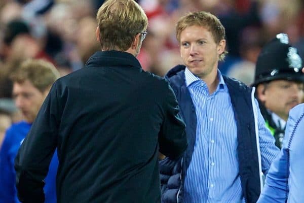 LIVERPOOL, ENGLAND - Wednesday, August 23, 2017: TSG 1899 Hoffenheim's head coach Julian Nagelsmann shakes hands with Liverpool's manager Jürgen Klopp during the UEFA Champions League Play-Off 2nd Leg match between Liverpool and TSG 1899 Hoffenheim at Anfield. (Pic by David Rawcliffe/Propaganda)