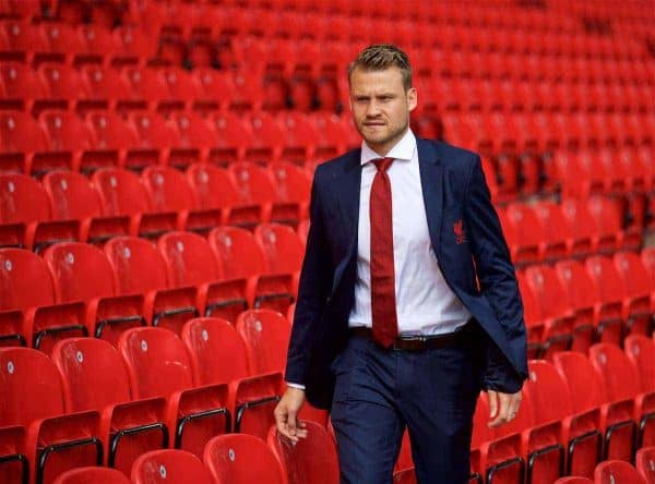 LIVERPOOL, ENGLAND - Sunday, August 27, 2017: Liverpool's goalkeeper Simon Mignolet, who has been dropped from the match-day squad, arrives before the FA Premier League match between Liverpool and Arsenal at Anfield. (Pic by David Rawcliffe/Propaganda)