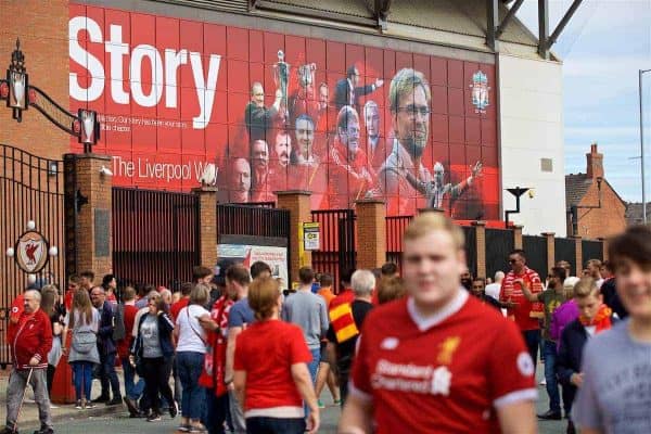 LIVERPOOL, ENGLAND - Sunday, August 27, 2017: Images of current and former Liverpool players and managers stare down on supporters from the Spion Kop before the FA Premier League match between Liverpool and Arsenal at Anfield. (Pic by David Rawcliffe/Propaganda)