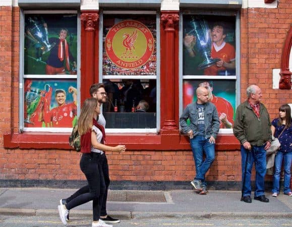 LIVERPOOL, ENGLAND - Sunday, August 27, 2017: Liverpool supporters walk past the Albert pub before the FA Premier League match between Liverpool and Arsenal at Anfield. (Pic by David Rawcliffe/Propaganda)