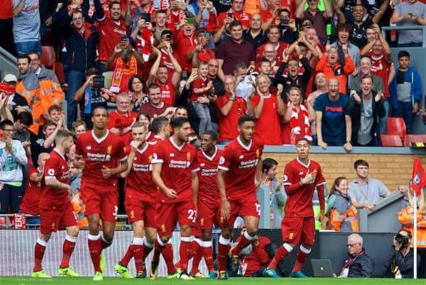 LIVERPOOL, ENGLAND - Sunday, August 27, 2017: Liverpool's Roberto Firmino celebrates scoring the first goal during the FA Premier League match between Liverpool and Arsenal at Anfield. (Pic by David Rawcliffe/Propaganda)