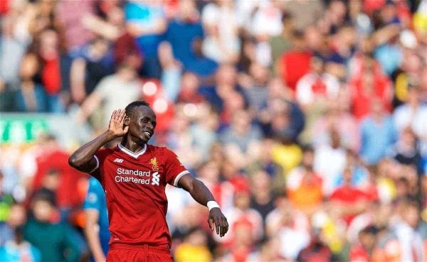 LIVERPOOL, ENGLAND - Sunday, August 27, 2017: Liverpool's Sadio Mane celebrates scoring the second goal as the supporters on the Spion Kop sing his name during the FA Premier League match between Liverpool and Arsenal at Anfield. (Pic by David Rawcliffe/Propaganda)