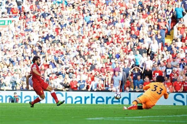 LIVERPOOL, ENGLAND - Sunday, August 27, 2017: Liverpool's Mohamed Salah scores the third goal during the FA Premier League match between Liverpool and Arsenal at Anfield. (Pic by David Rawcliffe/Propaganda)