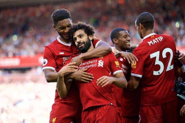 LIVERPOOL, ENGLAND - Sunday, August 27, 2017: Liverpool's Mohamed Salah celebrates scoring the third goal during the FA Premier League match between Liverpool and Arsenal at Anfield. (Pic by David Rawcliffe/Propaganda)