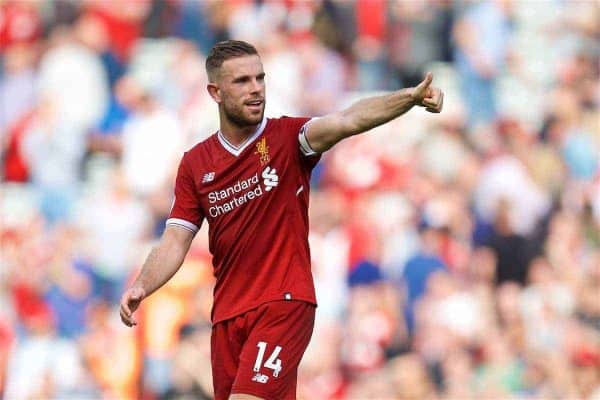 LIVERPOOL, ENGLAND - Sunday, August 27, 2017: Liverpool's captain Jordan Henderson after the 4-0 victory over Arsenal during the FA Premier League match between Liverpool and Arsenal at Anfield. (Pic by David Rawcliffe/Propaganda)