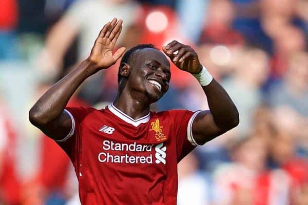 LIVERPOOL, ENGLAND - Sunday, August 27, 2017: Liverpool's Sadio Mane celebrates scoring the second goal as the supporters on the Spion Kop sing his name during the FA Premier League match between Liverpool and Arsenal at Anfield. (Pic by David Rawcliffe/Propaganda)