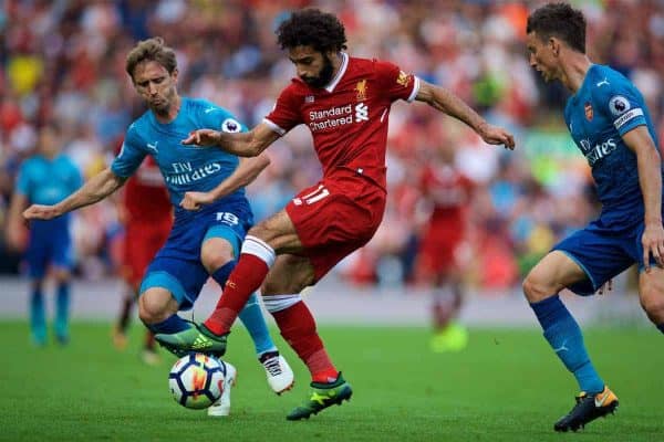 LIVERPOOL, ENGLAND - Sunday, August 27, 2017: Liverpool's Mohamed Salah during the FA Premier League match between Liverpool and Arsenal at Anfield. (Pic by David Rawcliffe/Propaganda)