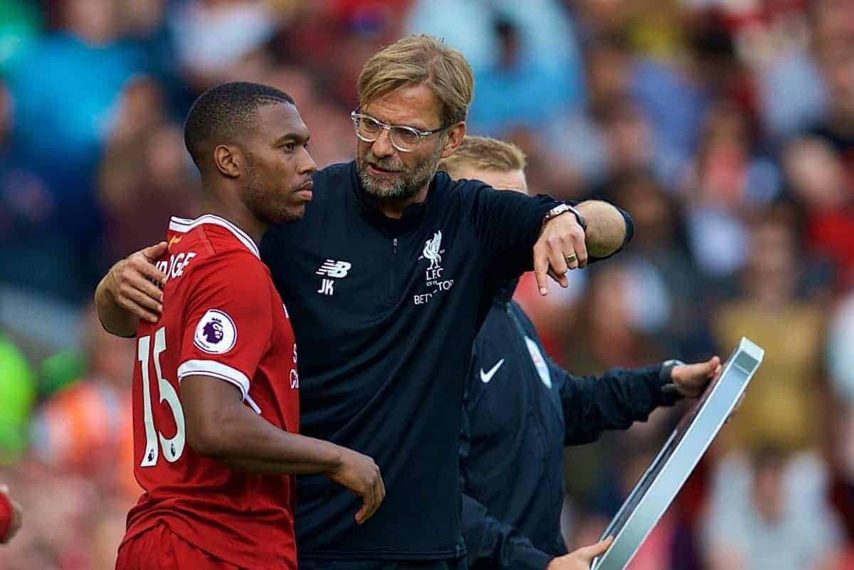 LIVERPOOL, ENGLAND - Sunday, August 27, 2017: Liverpool's manager J¸rgen Klopp prepares to bring on substitute Daniel Sturridge during the FA Premier League match between Liverpool and Arsenal at Anfield. (Pic by David Rawcliffe/Propaganda)