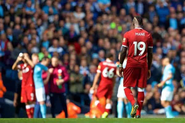 MANCHESTER, ENGLAND - Saturday, September 9, 2017: Liverpool's Sadio Mane looks dejected after being sent off during the FA Premier League match between Manchester City and Liverpool at the City of Manchester Stadium. (Pic by David Rawcliffe/Propaganda)