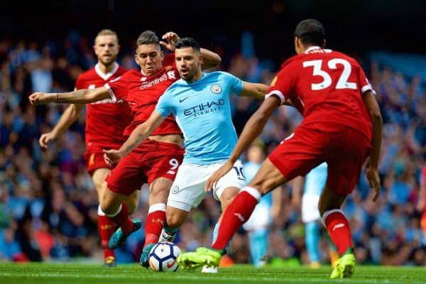 MANCHESTER, ENGLAND - Saturday, September 9, 2017: Liverpool's Roberto Firmino challenges Manchester City's Sergio Aguero during the FA Premier League match between Manchester City and Liverpool at the City of Manchester Stadium. (Pic by David Rawcliffe/Propaganda)