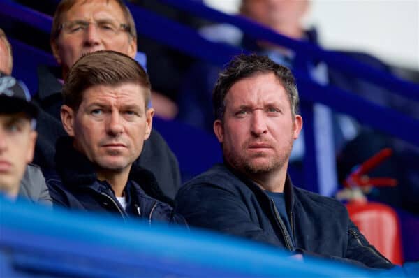 BIRKENHEAD, ENGLAND - Sunday, September 10, 2017: Liverpool ambassador Robbie Fowler and Under-18 manager Steven Gerrard [L] during the Under-23 FA Premier League 2 Division 1 match between Liverpool and Manchester City at Prenton Park. (Pic by David Rawcliffe/Propaganda)