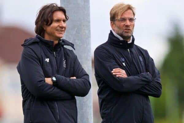 LIVERPOOL, ENGLAND - Tuesday, September 12, 2017: Liverpool's manager Jürgen Klopp and assistant manager Zeljko Buvac [L] during a training session at Melwood Training Ground ahead of the UEFA Champions League Group E match against Sevilla FC. (Pic by David Rawcliffe/Propaganda)