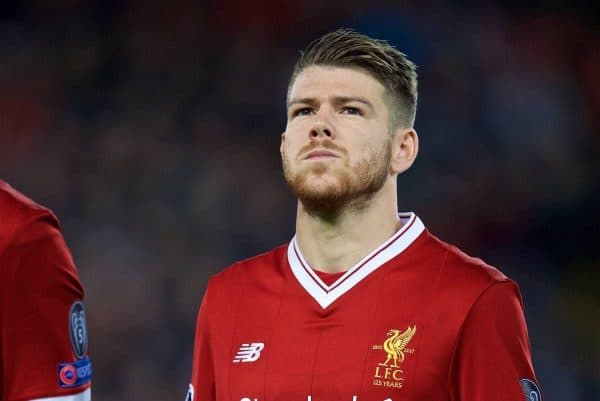 LIVERPOOL, ENGLAND - Wednesday, September 13, 2017: Liverpool's Alberto Moreno lines-up before the UEFA Champions League Group E match between Liverpool and Sevilla at Anfield. (Pic by David Rawcliffe/Propaganda)