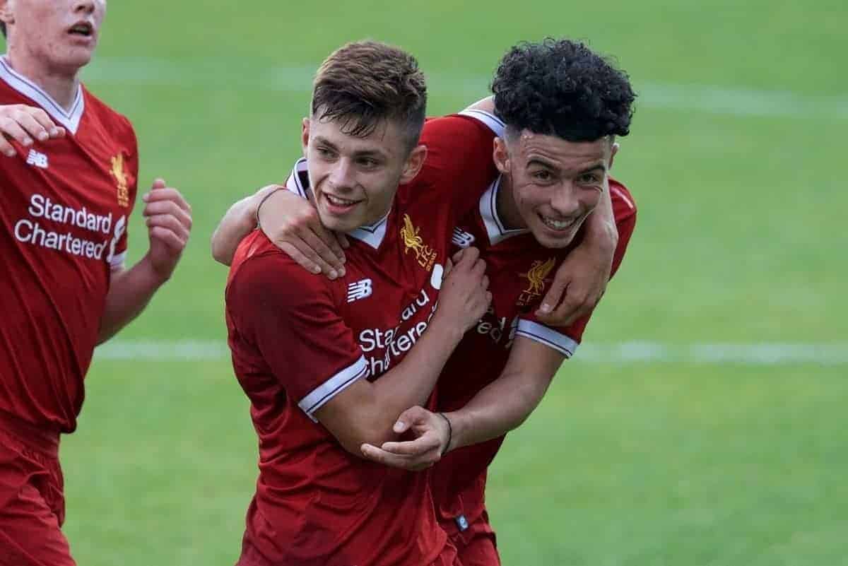 BIRKENHEAD, ENGLAND - Wednesday, September 13, 2017: Liverpool's Curtis Jones celebrates scoring his sides third goal with Adam Lewis during the UEFA Youth League Group E match between Liverpool and Sevilla at Prenton Park. (Pic by Paul Greenwood/Propaganda)