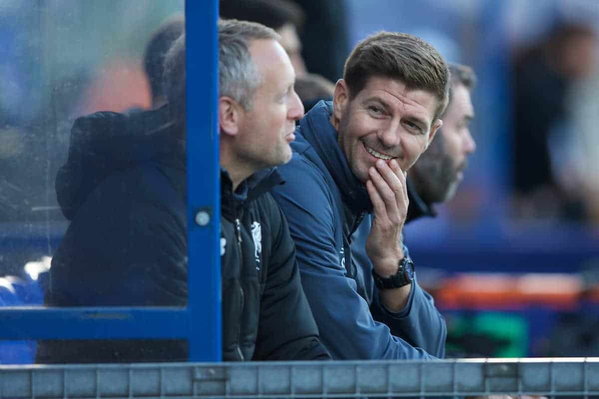 BIRKENHEAD, ENGLAND - Wednesday, September 13, 2017: Liverpool Under 18's manager Steven Gerrard shares a joke with Under 23 manager Neil Critchley during the UEFA Youth League Group E match between Liverpool and Sevilla at Prenton Park. (Pic by Paul Greenwood/Propaganda)
