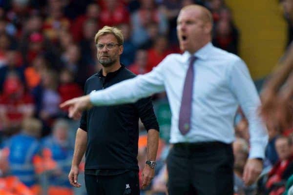 LIVERPOOL, ENGLAND - Saturday, September 16, 2017: Liverpool's manager Jürgen Klopp looks on as Burnley's manager Sean Dyche issues instructions during the FA Premier League match between Liverpool and Burnley at Anfield. (Pic by Peter Powell/Propaganda)