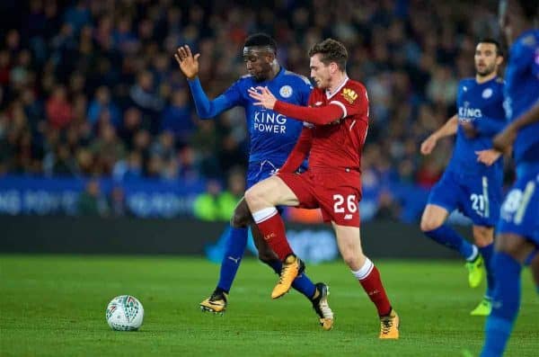 LEICESTER, ENGLAND - Tuesday, September 19, 2017: Liverpool's Andy Robertson and Leicester City's Wilfred Ndidi during the Football League Cup 3rd Round match between Leicester City and Liverpool at the King Power Stadium. (Pic by David Rawcliffe/Propaganda)