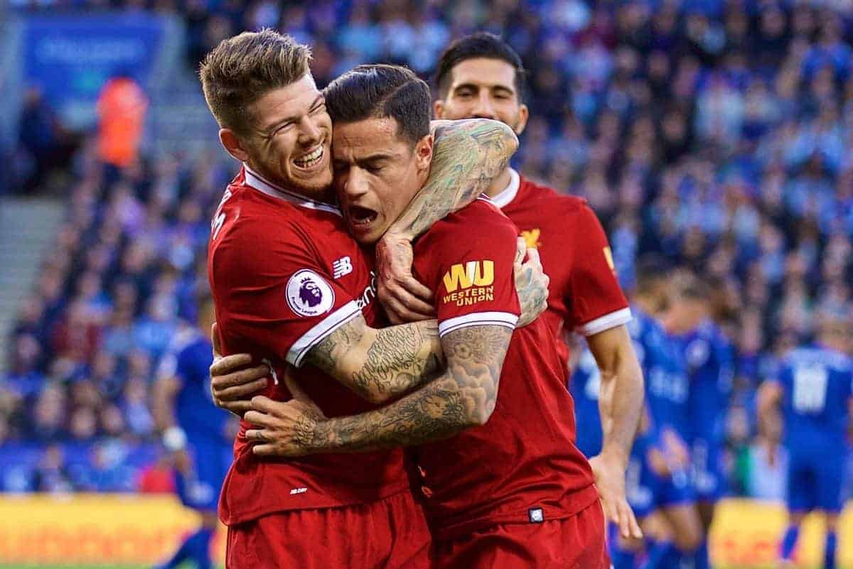 LEICESTER, ENGLAND - Saturday, September 23, 2017: Liverpool's Philippe Coutinho Correia celebrates scoring the second goal with team-mate Alberto Moreno during the FA Premier League match between Leicester City and Liverpool at the King Power Stadium. (Pic by David Rawcliffe/Propaganda)