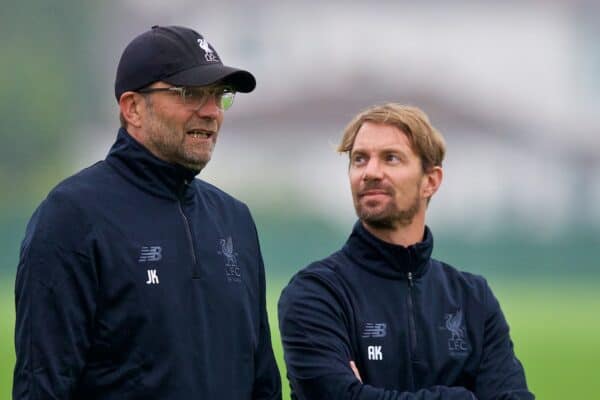 LIVERPOOL, ENGLAND - Monday, September 25, 2017: Liverpool's manager Jürgen Klopp and Head of Fitness and Conditioning Andreas Kornmayer during a training session at Melwood Training Ground ahead of the UEFA Champions League Group E match against FC Spartak Moscow. (Pic by Paul Greenwood/Propaganda)