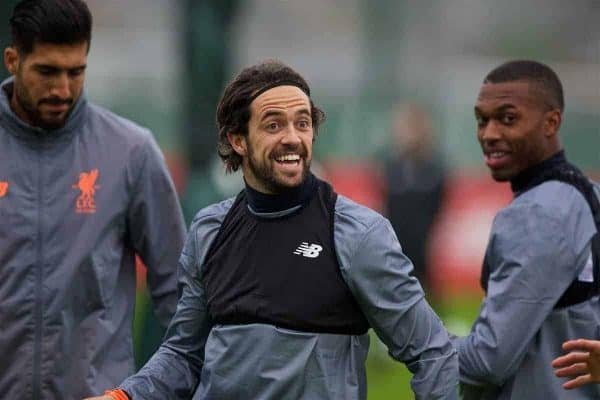 LIVERPOOL, ENGLAND - Monday, September 25, 2017: Liverpool's Danny Ings smiles during a training session at Melwood Training Ground ahead of the UEFA Champions League Group E match against FC Spartak Moscow. (Pic by Paul Greenwood/Propaganda) Daniel Sturridge