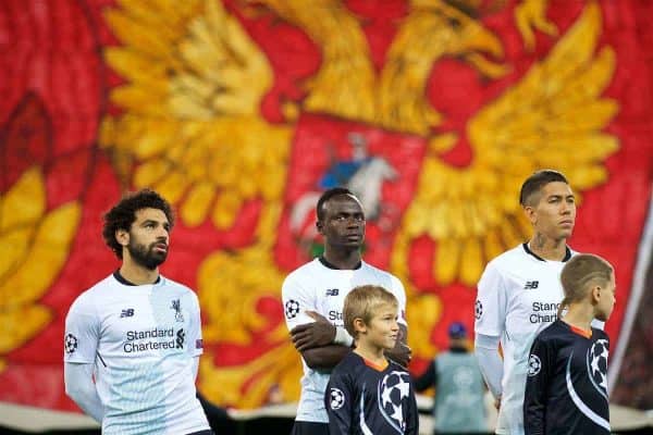 MOSCOW, RUSSIA - Tuesday, September 26, 2017: Liverpool's Mohamed Salah. Sadio Mane and Roberto Firmino line-up before the UEFA Champions League Group E match between Spartak Moscow and Liverpool at the Otkrytie Arena. (Pic by David Rawcliffe/Propaganda)