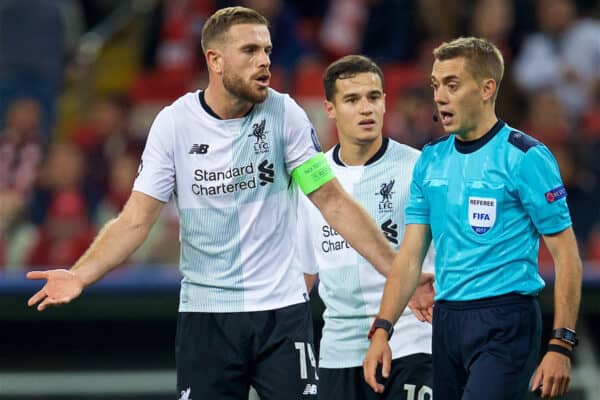 MOSCOW, RUSSIA - Tuesday, September 26, 2017: Liverpool's captain Jordan Henderson speaks to referee Clément Turpin during the UEFA Champions League Group E match between Spartak Moscow and Liverpool at the Otkrytie Arena. (Pic by David Rawcliffe/Propaganda)