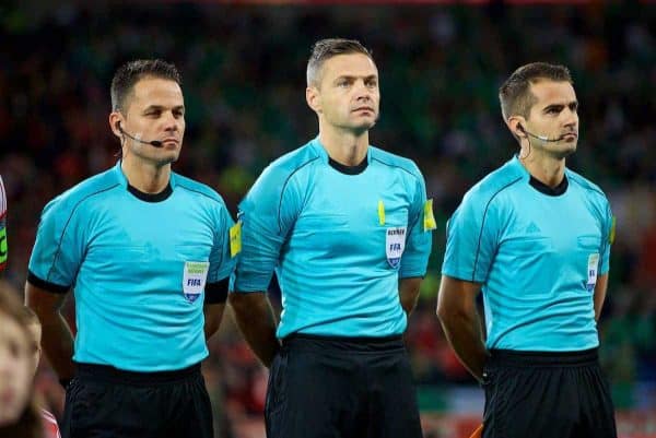 CARDIFF, WALES - Monday, October 9, 2017: Referee Damir Skomina [C] and assistants Jure Praprotnik and Robert Vukan before the 2018 FIFA World Cup Qualifying Group D match between Wales and Republic of Ireland at the Cardiff City Stadium. (Pic by David Rawcliffe/Propaganda)