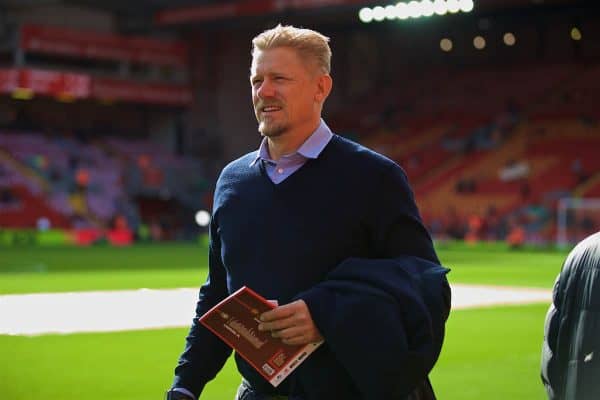 LIVERPOOL, ENGLAND - Saturday, October 14, 2017: Former Manchester United player Peter Schmeichel before the FA Premier League match between Liverpool and Manchester United at Anfield. (Pic by David Rawcliffe/Propaganda)