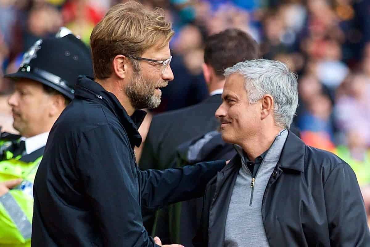 LIVERPOOL, ENGLAND - Saturday, October 14, 2017: Liverpool's manager J¸rgen Klopp and Manchester United's manager Jose Mourinho before the FA Premier League match between Liverpool and Manchester United at Anfield. (Pic by David Rawcliffe/Propaganda)