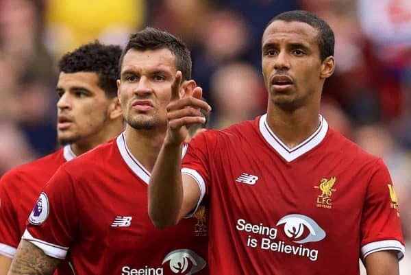 LIVERPOOL, ENGLAND - Saturday, October 14, 2017: Liverpool's Dejan Lovren and Joel Matip during the FA Premier League match between Liverpool and Manchester United at Anfield. (Pic by David Rawcliffe/Propaganda)