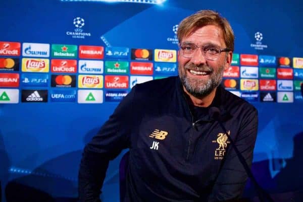 MARIBOR, SLOVENIA - Monday, October 16, 2017: Liverpool's manager Jürgen Klopp during a press conference ahead of the UEFA Champions League Group E match between NK Maribor and Liverpool at the Stadion Ljudski vrt. (Pic by David Rawcliffe/Propaganda)