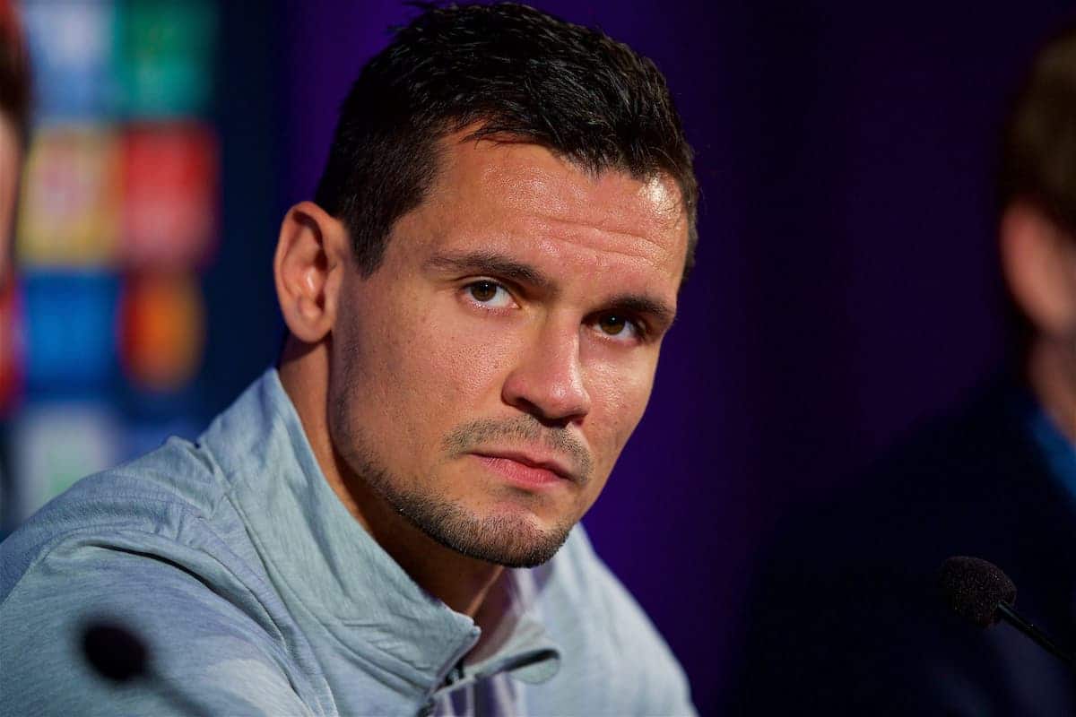 MARIBOR, SLOVENIA - Monday, October 16, 2017: Liverpool's Dejan Lovren during a press conference ahead of the UEFA Champions League Group E match between NK Maribor and Liverpool at the Stadion Ljudski vrt. (Pic by David Rawcliffe/Propaganda)