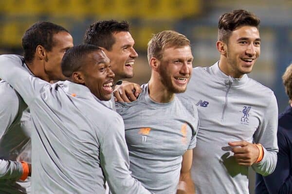 MARIBOR, SLOVENIA - Monday, October 16, 2017: Liverpool's Daniel Sturridge, Dejan Lovren, Ragnar Klavan and Marko Grujic during a training session ahead of the UEFA Champions League Group E match between NK Maribor and Liverpool at the Stadion Ljudski vrt. (Pic by David Rawcliffe/Propaganda)