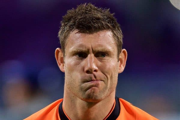 MARIBOR, SLOVENIA - Tuesday, October 17, 2017: Liverpool's captain James Milner lines-up during the UEFA Champions League Group E match between NK Maribor and Liverpool at the Stadion Ljudski vrt. (Pic by David Rawcliffe/Propaganda)