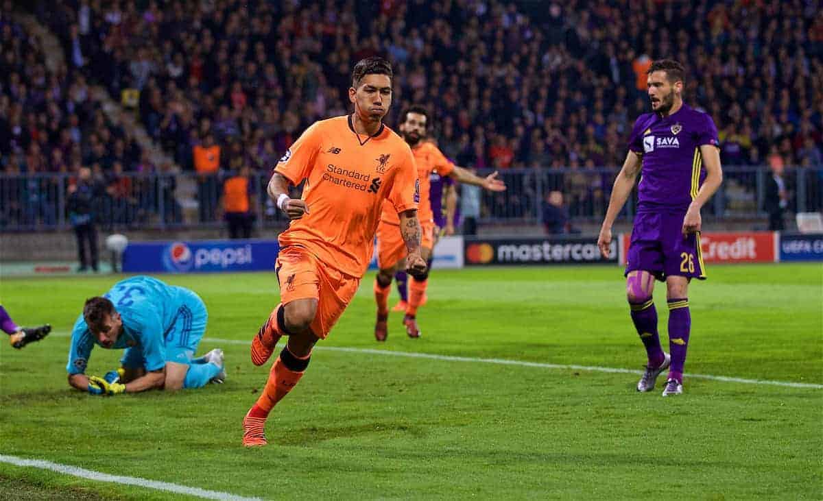 MARIBOR, SLOVENIA - Tuesday, October 17, 2017: Liverpool's Roberto Firmino celebrates scoring the first goal during the UEFA Champions League Group E match between NK Maribor and Liverpool at the Stadion Ljudski vrt. (Pic by David Rawcliffe/Propaganda)