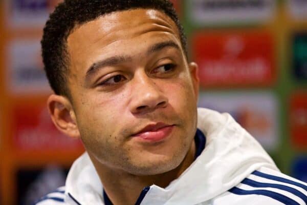 LIVERPOOL, ENGLAND - Wednesday, October 18, 2017: Olympique Lyonnais Memphis Depay during a press conference at Goodison Park ahead of the UEFA Europa League Group E match against Everton. (Pic by David Rawcliffe/Propaganda)