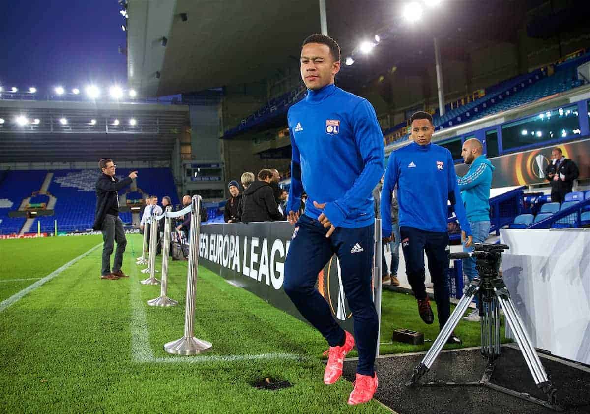 LIVERPOOL, ENGLAND - Wednesday, October 18, 2017: Olympique Lyonnais' Memphis Depay during a training session at Goodison Park ahead of the UEFA Europa League Group E match against Everton. (Pic by David Rawcliffe/Propaganda)