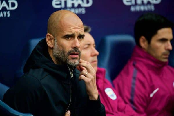 MANCHESTER, ENGLAND - Saturday, October 21, 2017: Manchester City's manager Pep Guardiola before the FA Premier League match between Manchester City and Burnley at the City of Manchester Stadium. (Pic by Peter Powell/Propaganda)