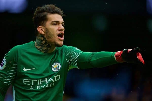 MANCHESTER, ENGLAND - Saturday, October 21, 2017: Manchester City's goalkeeper Ederson Moraes reacts during the FA Premier League match between Manchester City and Burnley at the City of Manchester Stadium. (Pic by Peter Powell/Propaganda)