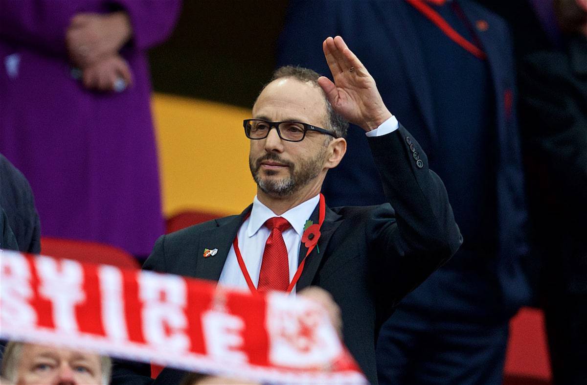 LIVERPOOL, ENGLAND - Saturday, October 28, 2017: Liverpool's Director Michael Gordon during the FA Premier League match between Liverpool and Huddersfield Town at Anfield. (Pic by David Rawcliffe/Propaganda)