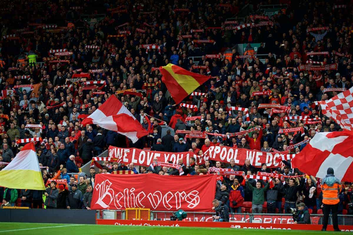 LIVERPOOL, ENGLAND - Saturday, October 28, 2017: Liverpool supporters' banner "Believers" on the Spion Kop during the FA Premier League match between Liverpool and Huddersfield Town at Anfield. (Pic by David Rawcliffe/Propaganda)