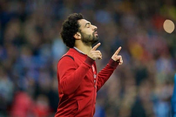 LIVERPOOL, ENGLAND - Saturday, October 28, 2017: Liverpool's Mohamed Salah prays before the FA Premier League match between Liverpool and Huddersfield Town at Anfield. (Pic by David Rawcliffe/Propaganda)