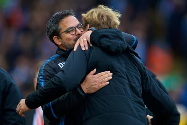 LIVERPOOL, ENGLAND - Saturday, October 28, 2017: Liverpool's manager Jürgen Klopp gives Huddersfield Town's manager David Wagner a kiss on the cheek before the FA Premier League match between Liverpool and Huddersfield Town at Anfield. (Pic by David Rawcliffe/Propaganda)