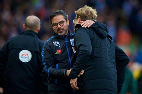 LIVERPOOL, ENGLAND - Saturday, October 28, 2017: Liverpool's manager Jürgen Klopp embraces Huddersfield Town's manager David Wagner before the FA Premier League match between Liverpool and Huddersfield Town at Anfield. (Pic by David Rawcliffe/Propaganda)