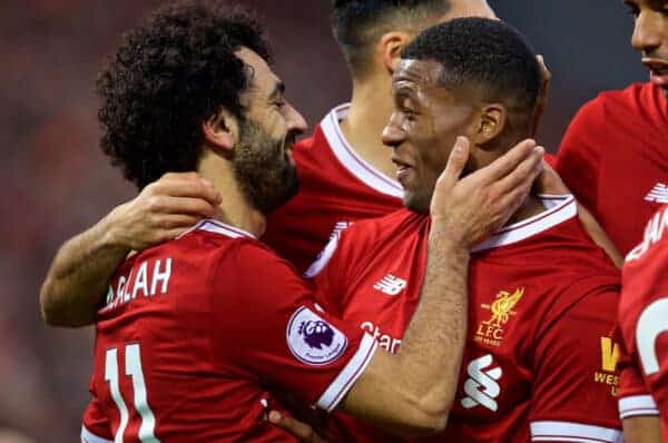 LIVERPOOL, ENGLAND - Saturday, October 28, 2017: Liverpool's Georginio Wijnaldum celebrates scoring the third goal with team-mate Mohamed Salah during the FA Premier League match between Liverpool and Huddersfield Town at Anfield. (Pic by David Rawcliffe/Propaganda)