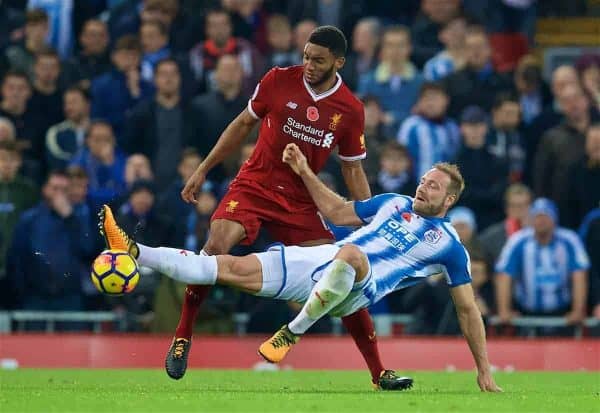 LIVERPOOL, ENGLAND - Saturday, October 28, 2017: Liverpool's Joe Gomez during the FA Premier League match between Liverpool and Huddersfield Town at Anfield. (Pic by David Rawcliffe/Propaganda)