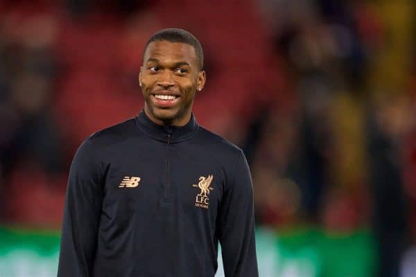 LIVERPOOL, ENGLAND - Wednesday, November 1, 2017: Liverpool's Daniel Sturridge warms-up before the UEFA Champions League Group E match between Liverpool FC and NK Maribor at Anfield. (Pic by David Rawcliffe/Propaganda)