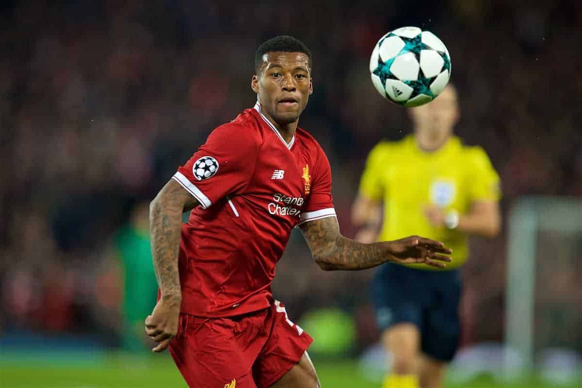 LIVERPOOL, ENGLAND - Wednesday, November 1, 2017: Liverpool's Georginio Wijnaldum during the UEFA Champions League Group E match between Liverpool FC and NK Maribor at Anfield. (Pic by David Rawcliffe/Propaganda)