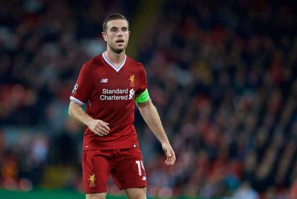 LIVERPOOL, ENGLAND - Wednesday, November 1, 2017: Liverpool's captain Jordan Henderson during the UEFA Champions League Group E match between Liverpool FC and NK Maribor at Anfield. (Pic by David Rawcliffe/Propaganda)